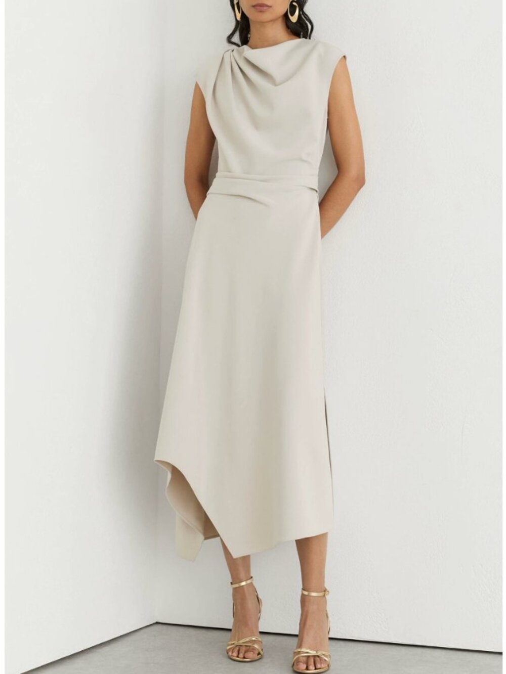 REISS Camilla Midi Dress Stone Neutral Gathered-Detail Draped